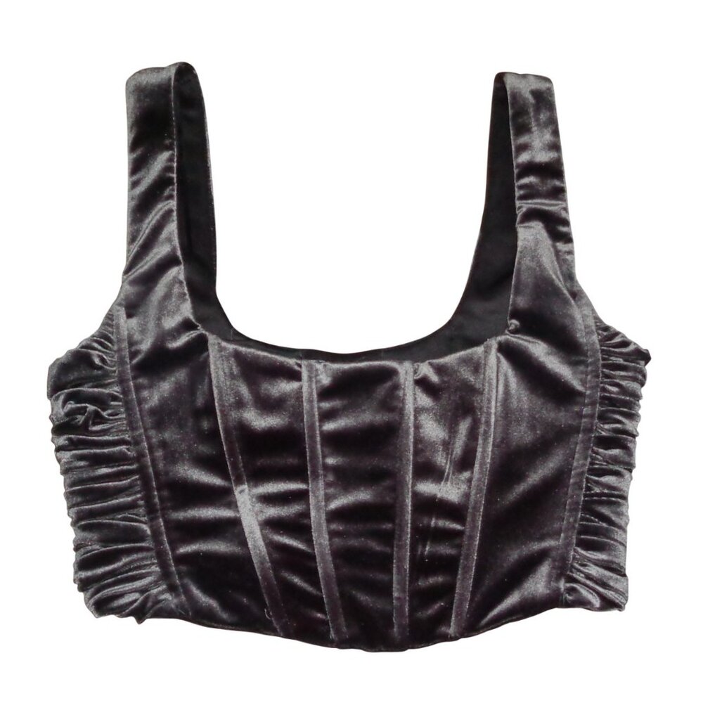 Zara Dark Gray Velvet Bustier Corset Crop Top Boned Sz XS Ruching Whimsy Goth